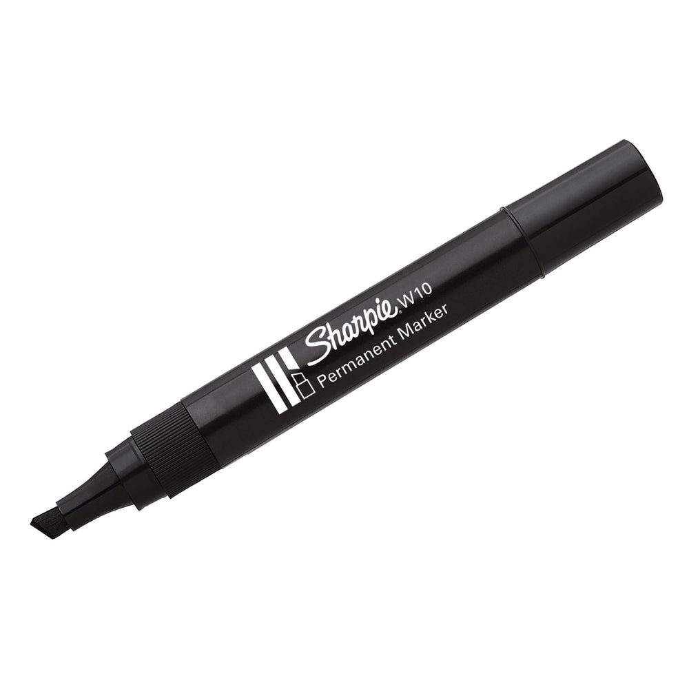 Sharpie W10 black permanent marker with chisel tip, ideal for bold writing and marking on various surfaces.