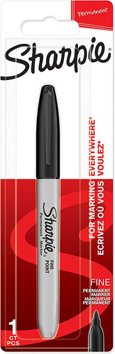 Sharpie black permanent marker with fine point tip, shown in a 1-count package for precise writing and marking.