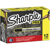 Sharpie Pro black bullet tip permanent marker lying on a white surface, ideal for stationery and art projects.