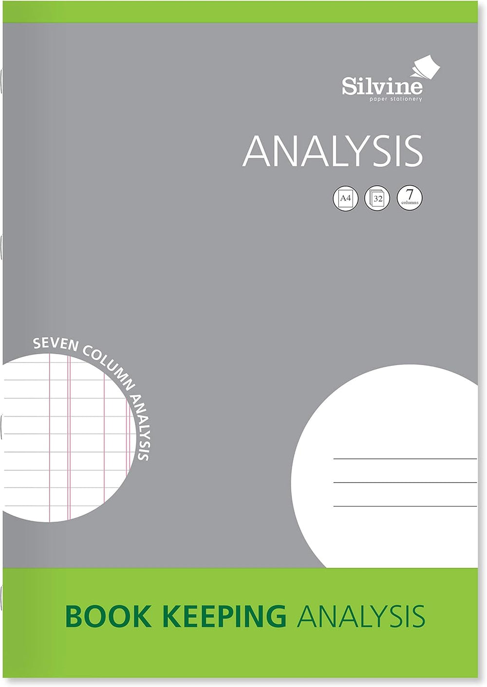 Silvine A4 analysis book with 32 pages, featuring a durable cover and lined pages for bookkeeping and financial analysis.