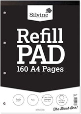 Silvine 160-page A4 refill pad with head binding, four-hole punch, plain white pages, ideal for note-taking and writing.