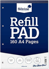 Silvine 160-page A4 ruled refill notebook with head binding and 4-hole punch, featuring 5mm square ruling, stationery product.