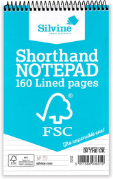 Silvine FSC certified shorthand wirebound notepad with 160 lined pages, ideal for note-taking and stationery use.