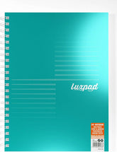 Silver metallic Silvine Luxpad A4+ wirebound notebook with lined pages and FSC certification, open to show lined pages inside.