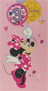 3rd Birthday Card for Girls - Minnie Mouse Birthday Card - Age 3 Birthday Card - Disney Birthday Card - Badge Included, Multi (698243-0-1)