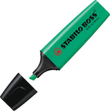 Stabilo Boss Original turquoise highlighter pen with chisel tip for vibrant marking and highlighting on paper.