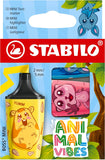 Pack of three Stabilo BOSS Mini Animal Vibes highlighter pens in assorted colors, featuring playful animal-themed designs.