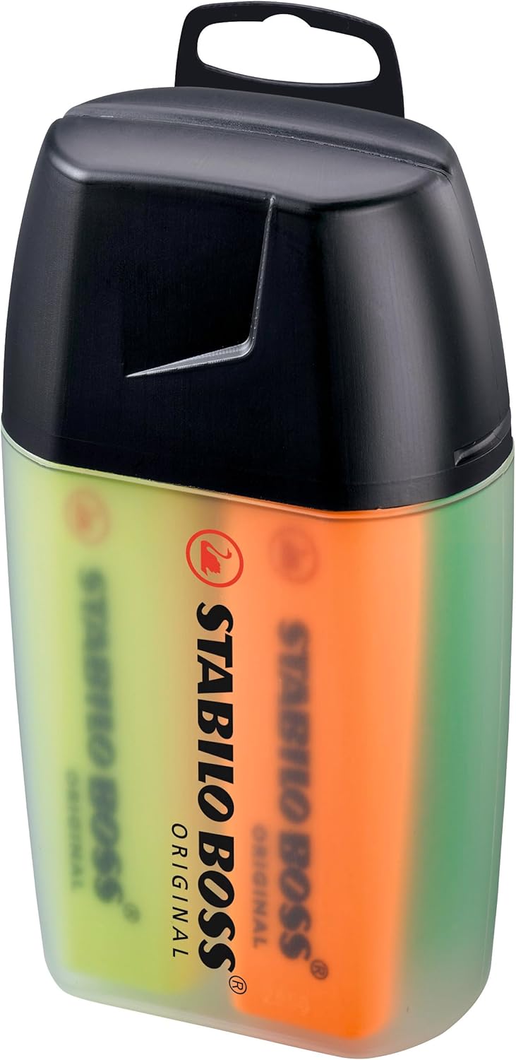 Set of four Stabilo BOSS ORIGINAL highlighters in yellow, orange, green, and pink, with bright, vibrant ink colors.