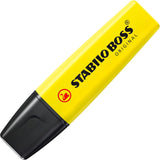 Set of four Stabilo BOSS ORIGINAL highlighters in yellow, orange, green, and pink in a large box, ideal for marking and organizing.