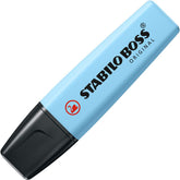 Stabilo Boss Original Pastel Breezy Blue highlighter with pastel blue ink and chisel tip for highlighting text.