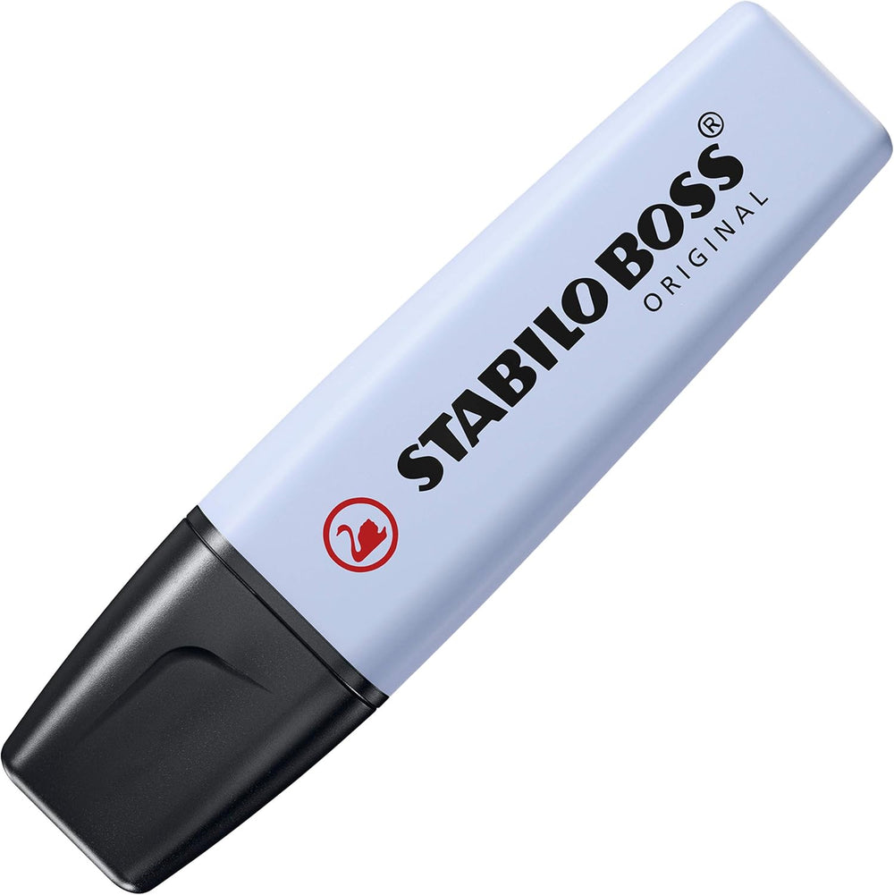 Stabilo Boss Original Pastel highlighter in Cloudy Blue, with pastel blue ink and chisel tip for highlighting text.