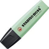 Stabilo Boss Original Pastel highlighter in Hint of Mint with pastel yellow and green colors, suitable for highlighting text.