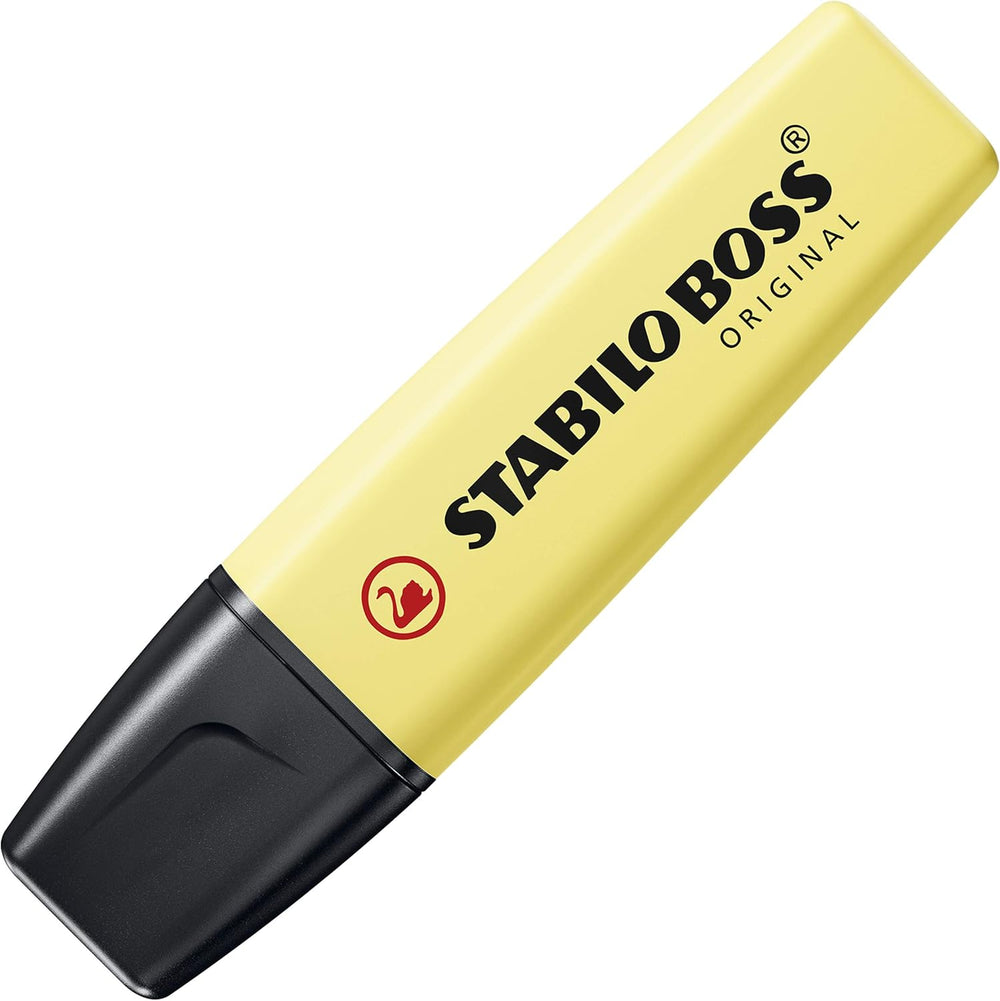 Stabilo Boss Original Pastel highlighter in Milky Yellow with pastel ink and chisel tip for highlighting text.
