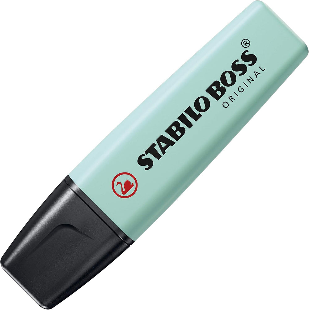 Stabilo Boss Original Pastel highlighter in Touch of Turquoise with pastel yellow and pink highlighters on a white background.