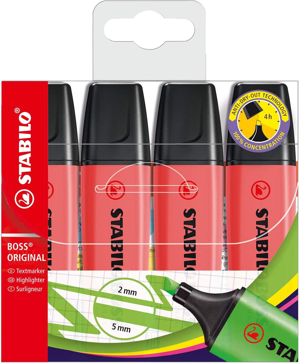 Set of four red Stabilo Boss Original highlighters in a wallet, featuring vibrant ink for highlighting and marking text.