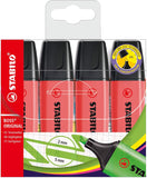 Set of four red Stabilo Boss Original highlighters in a wallet, featuring vibrant ink for highlighting and marking text.