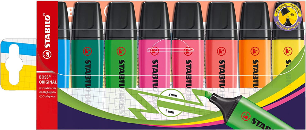Assorted pack of 8 Stabilo Boss Original highlighters with vibrant fluorescent ink and chisel tips for highlighting and marking.