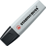 Stabilo Boss Original Pastel Highlighter in Dusty Grey, featuring a pastel-colored highlighter with a chisel tip for bright highlighting.