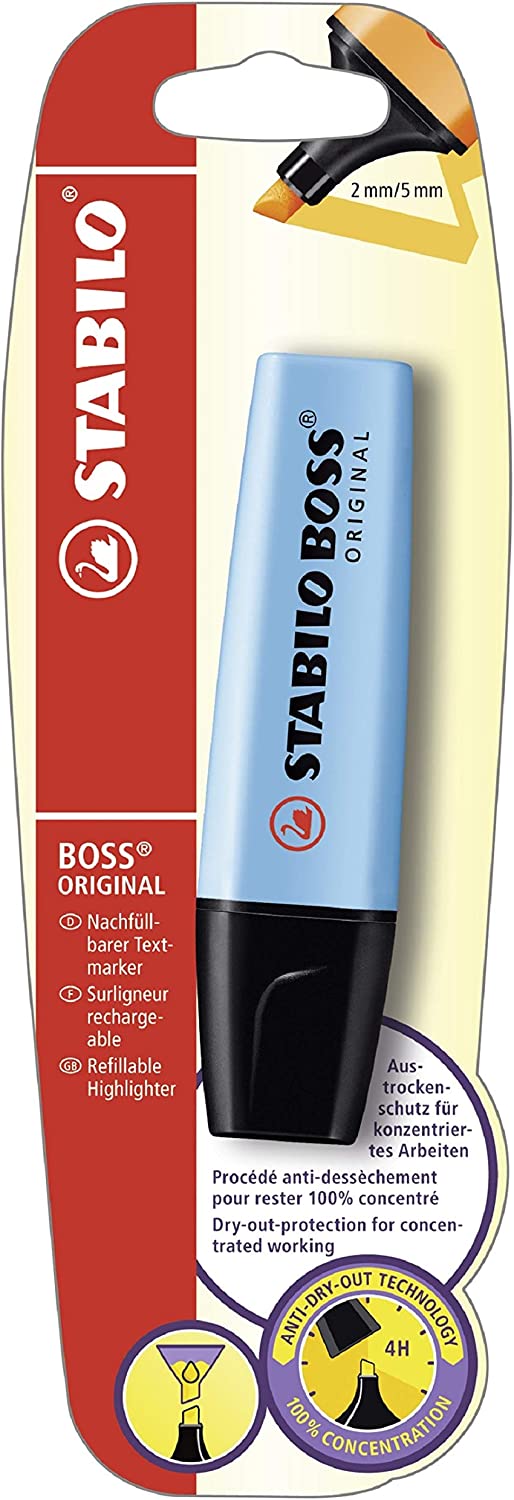 Blue Stabilo highlighter pen for stationery, with a chisel tip and ergonomic design, ideal for highlighting text and notes.