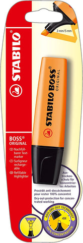 Bright orange Stabilo highlighter for stationery, with a chisel tip and ergonomic design, ideal for marking and emphasizing text.