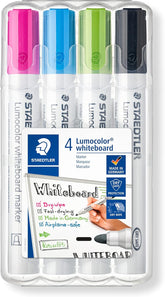 Set of four Staedtler Lumocolor whiteboard markers with bullet tips in assorted colors, ideal for writing on whiteboards.
