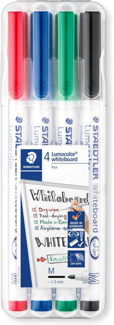 Set of four Staedtler Lumocolor 301 whiteboard pens in assorted colors, featuring sleek design and durable tips for smooth writing.