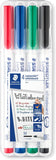 Box of four Staedtler Lumocolor 301 whiteboard pens in assorted colors, ideal for smooth writing on whiteboards.