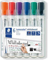 Staedtler Lumocolor 351B whiteboard markers with chisel tips in assorted colors, shown in a box of 6 stationery markers.