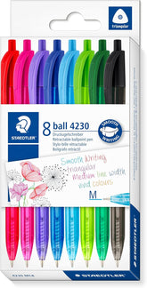 Staedtler 4230 MC8 retractable rainbow ballpoint pen pack with 8 assorted colorful pens on white background.