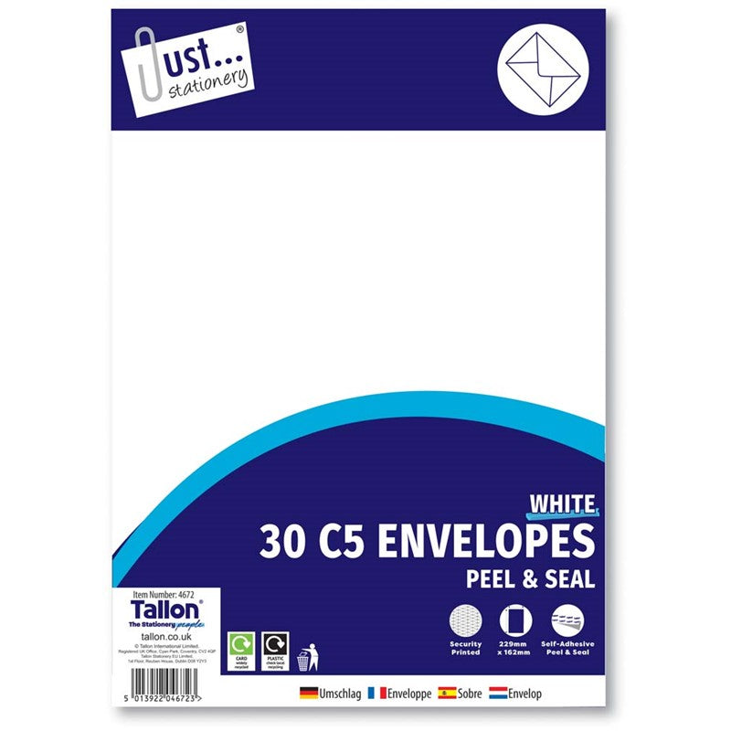 Tallon C5 white envelopes with peel and seal closure, 80gsm, pack of 30, suitable for mailing and correspondence.