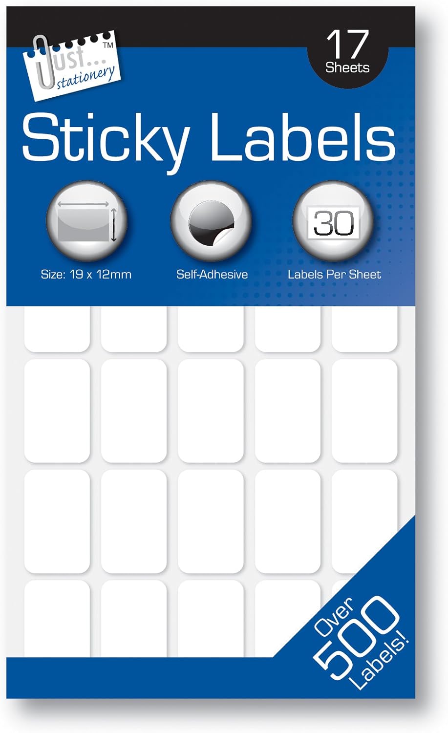 White Tallon 510 sticky labels, 19 x 12mm, shown on a sheet, versatile labels for organization and labeling needs.