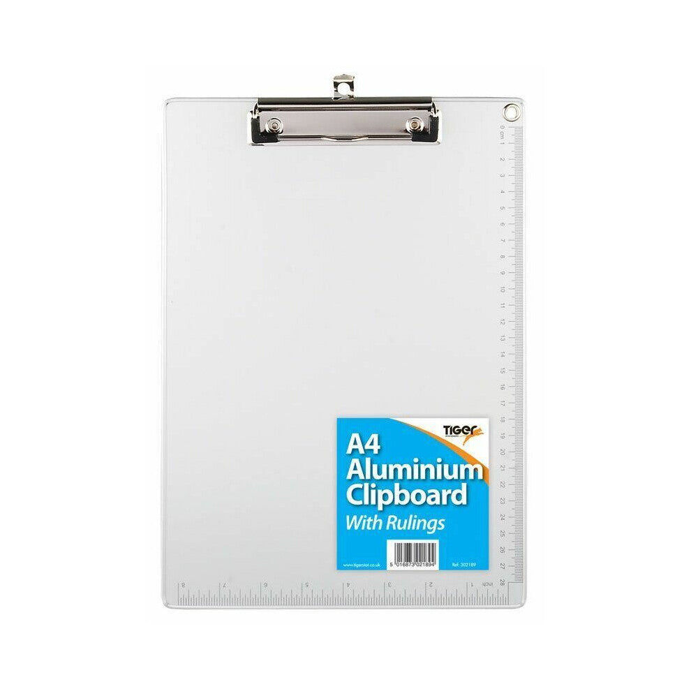 A4 aluminium clipboard with rulings from Tiger, featuring a durable metal writing surface and a sturdy clip for secure paper holding.