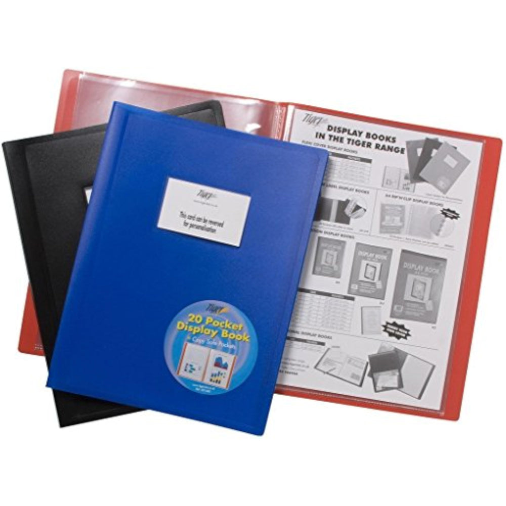 Tiger A4 20-pocket Flexi Cover Display Book in assorted colors with transparent cover and colorful interior pages.