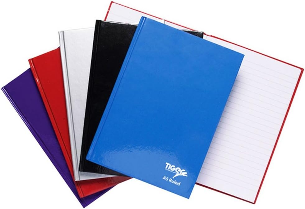 Tiger A6 case-bound notebook with feint ruled pages, hard back cover, 80 sheets, in assorted colors.