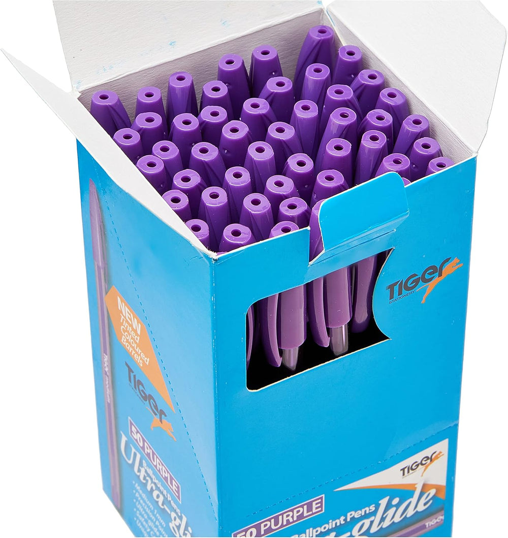 Box of 50 purple Tiger Ultra Glide ballpoint pens with smooth writing, featuring a sleek design and comfortable grip.