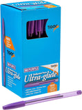Box of 50 purple Tiger Ultra Glide ballpoint pens arranged in a display, showcasing smooth ink flow and vibrant purple color.