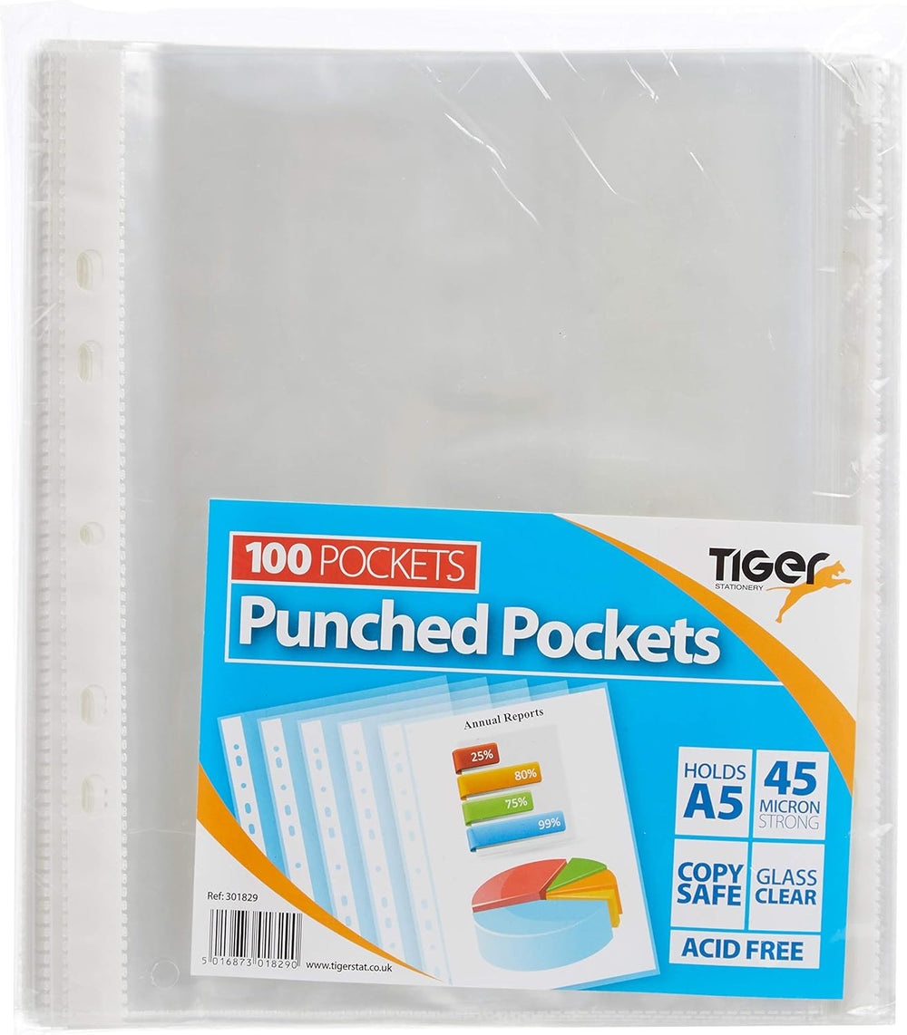 A5 clear punched poly pockets from Tiger, stack of 100 transparent plastic sleeves for organizing documents.