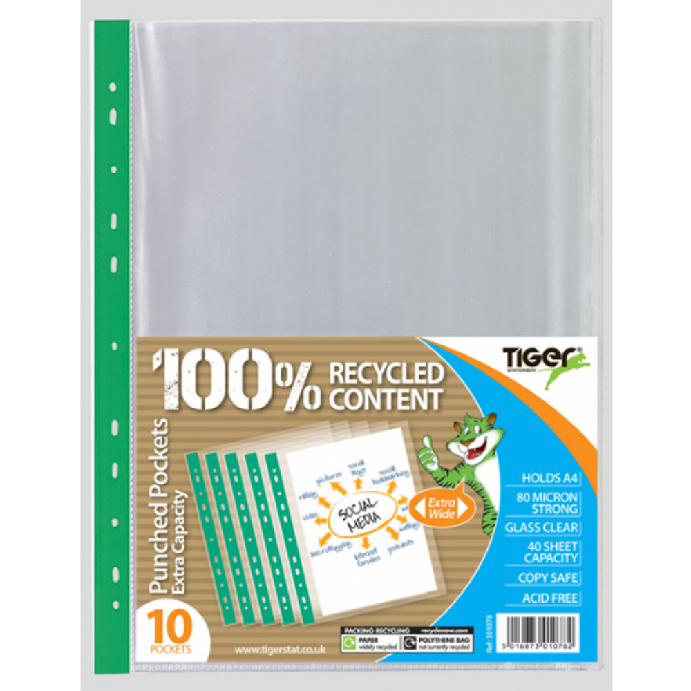 Pack of 10 Tiger A4 extra-large punched pockets showing transparent plastic sleeves for organizing documents