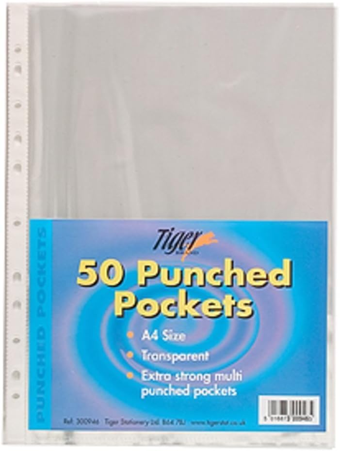 Pack of 50 Tiger A4 punched pockets, transparent plastic folder sleeves for organizing documents, made by Tiger.