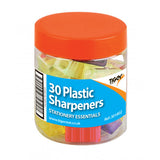 Set of 30 Tiger plastic coloured pencil sharpeners in a tub, designed for easy sharpening of coloured pencils.