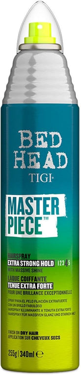 Tigi Bed Head Masterpiece Massive Shine Hairspray spray bottle for hair styling and shine enhancement.