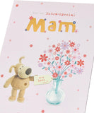 Boofle birthday card for Mam with envelope, featuring a lovely floral design and a vase of colorful flowers.