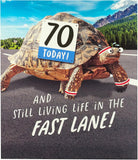 UK Greetings 70th Birthday Card with funny tortoise design, envelope included, perfect for her or him birthday celebrations.