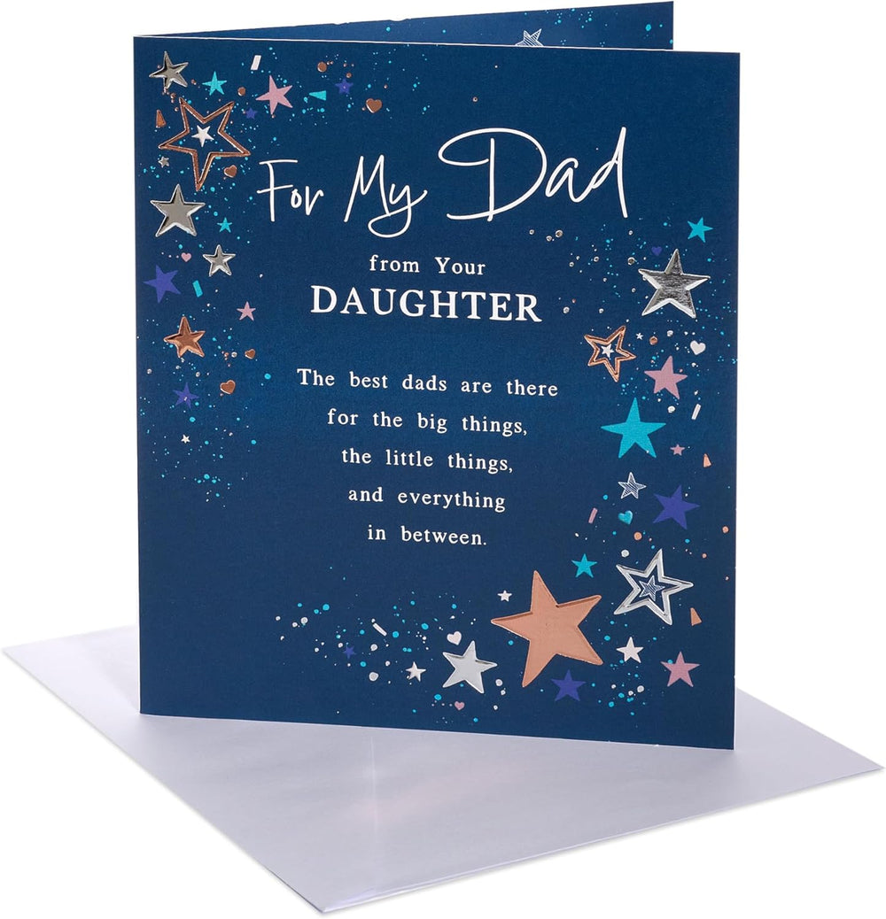 UK Greetings birthday card for dad from daughter with a starry design, featuring colorful stars and heartfelt birthday message.