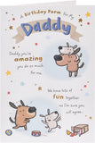 UK Greetings birthday card for Daddy featuring a funny dog design, with colorful illustrations and playful text.