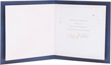 UK Greetings birthday card for mum featuring a blue and gold design with festive embellishments.