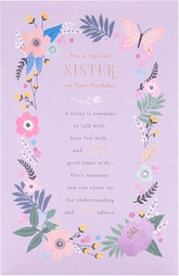 UK Greetings birthday card for sister featuring a floral border design from the Thinking of You range.