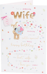 UK Greetings Boofle birthday card for wife featuring a cute design with colorful illustrations and heartfelt message.
