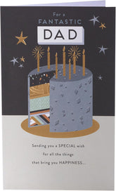 UK Greetings Dad birthday greeting card featuring a gold foil cake design, perfect for celebrating birthdays.
