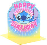Colorful UK Greetings Disney Lilo & Stitch birthday card featuring vibrant characters and fun design, suitable for all ages.
